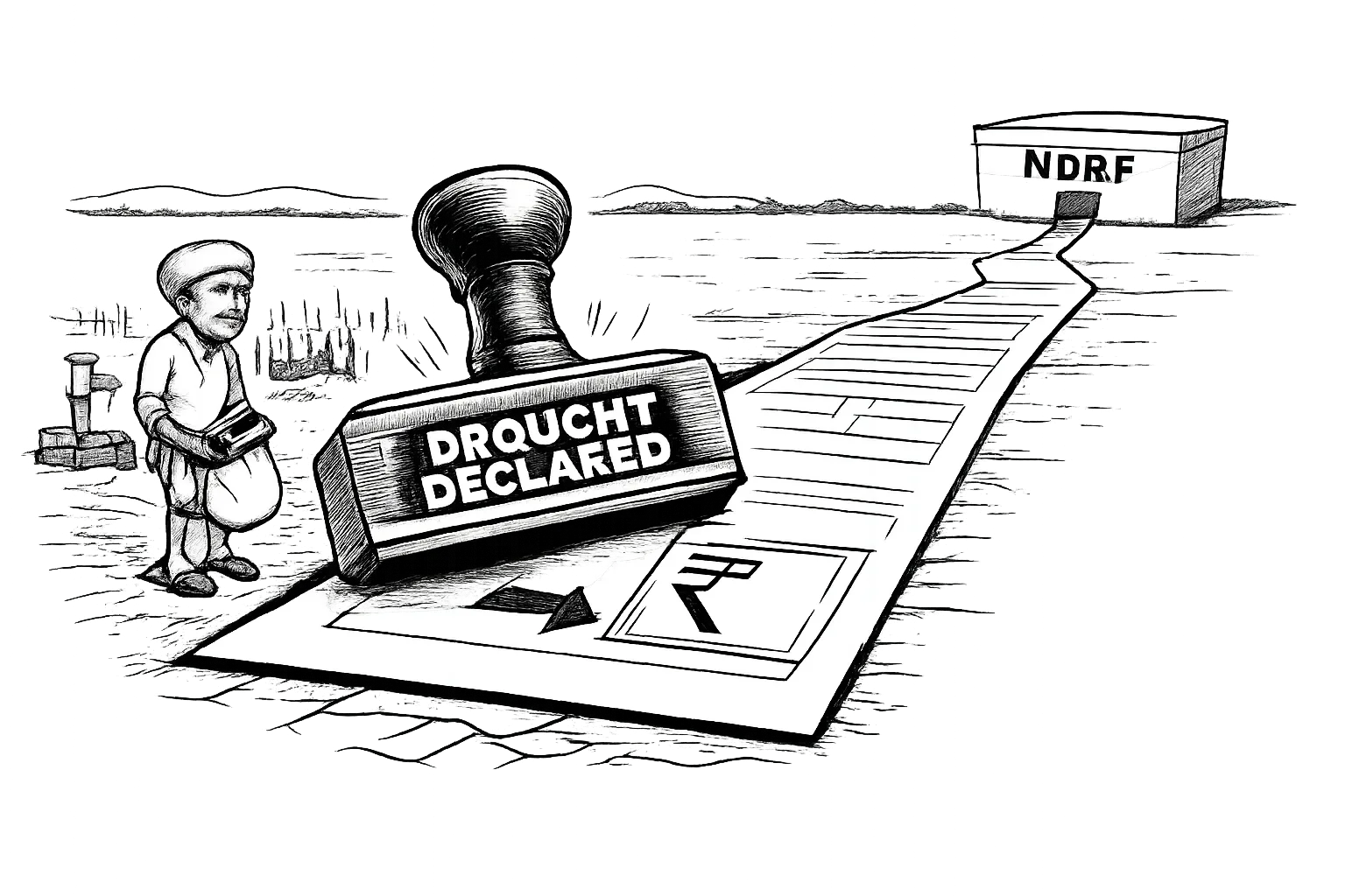 A giant drought declaration stamp sits on a long relief form stretching from a cracked Telangana field toward a distant box marked NDRF, while a farmer waits beside an empty seed sack.