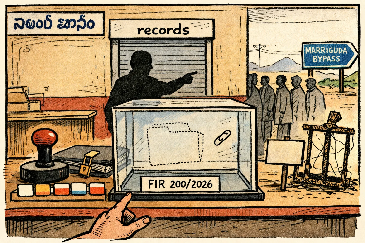 A transparent case labelled FIR 200/2026 sits empty at a Nalgonda police-station records counter, beside a locked register, rubber stamp and protest objects, while an anonymous official points toward a closed records shutter.