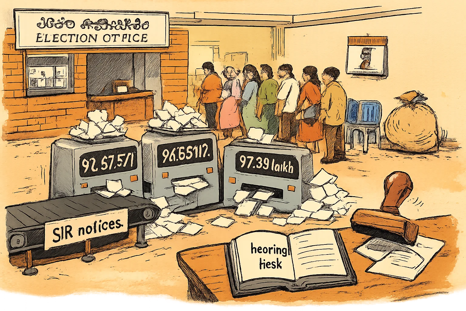 Outside a Telangana election office, a conveyor carries voter notices into three counting machines displaying different totals, while voters wait beside an open rulebook and an unopened sack of notices.