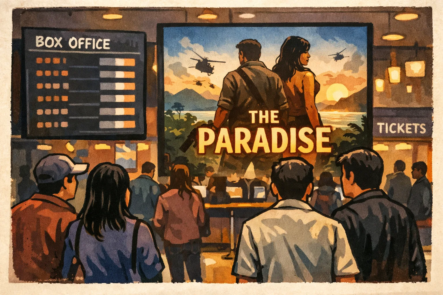 A Hyderabad multiplex lobby with a large The Paradise promotional display, ticket counters and indistinct patrons, with blurred figures on a digital board.