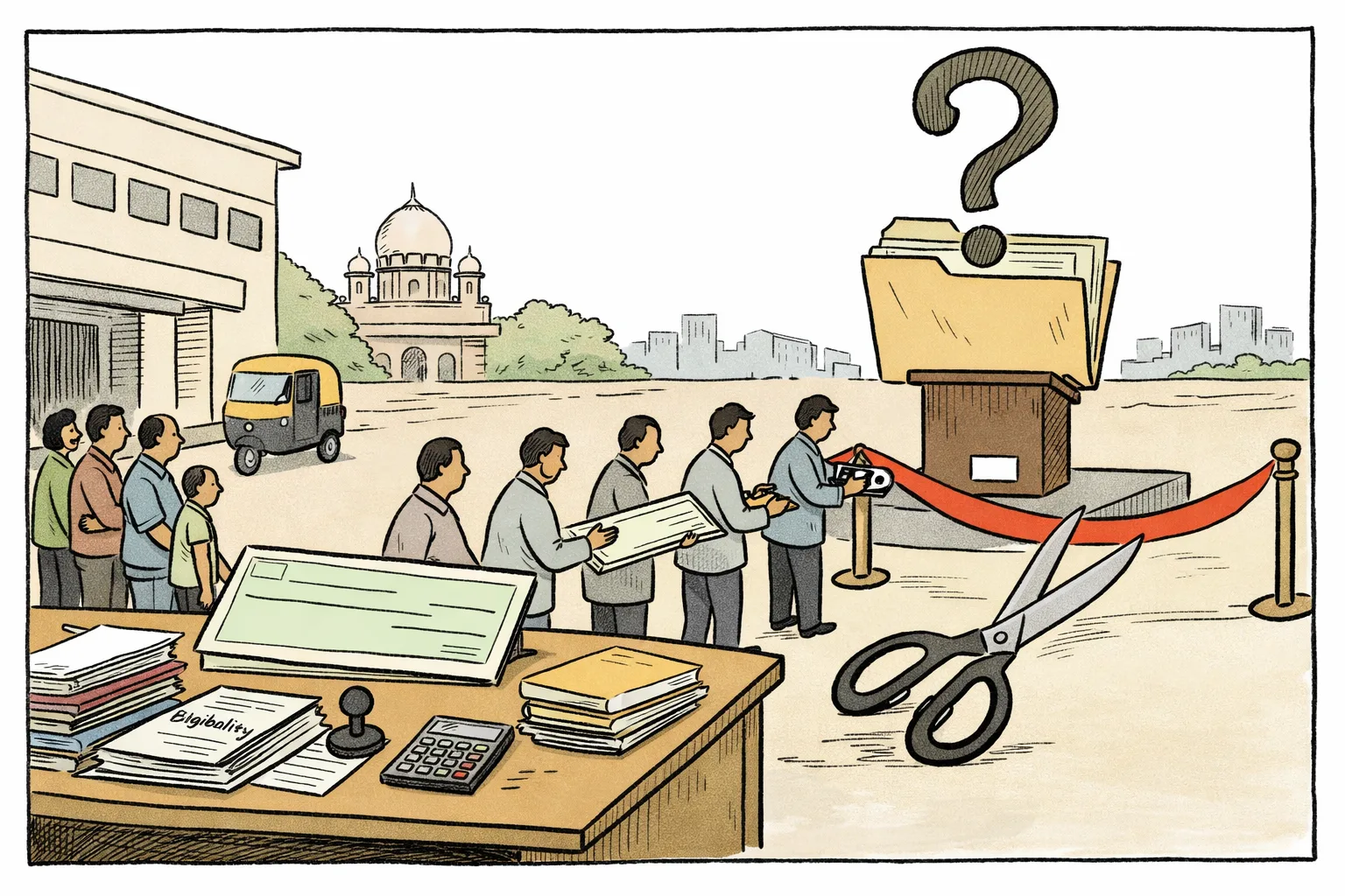 A giant welfare cheque passes through government clerks, files and verification stamps toward an empty ceremonial podium labelled MLA, while a large question mark rises above a High Court file.