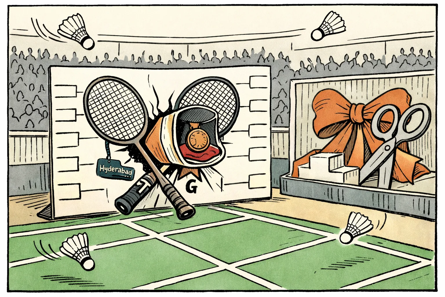 Two badminton racquets push through a tournament bracket while a bronze medal sits in an open shuttlecock tube; an oversized ribbon, scissors and empty podium are set aside in a New Delhi arena.