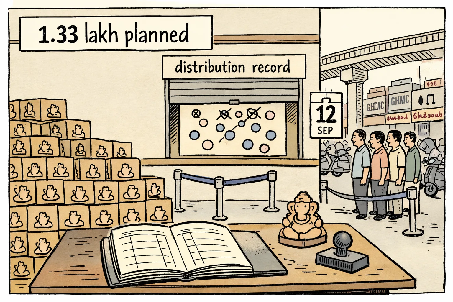 At a Hyderabad distribution counter, stacks of boxed eco-friendly Ganesh idols sit beside an empty tally register, while a confusing noticeboard and half-closed counter suggest an unreported delivery count.