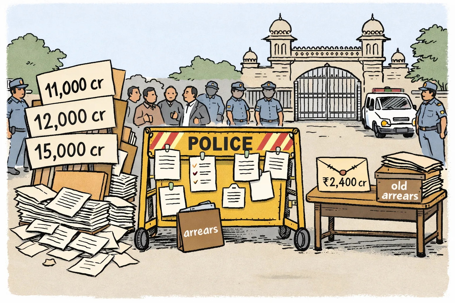 Outside the Telangana Secretariat, a police barricade stands between indistinct protesters and an orderly government desk, while oversized files marked with competing fee-dues totals lie beside an unopened arrears folder.