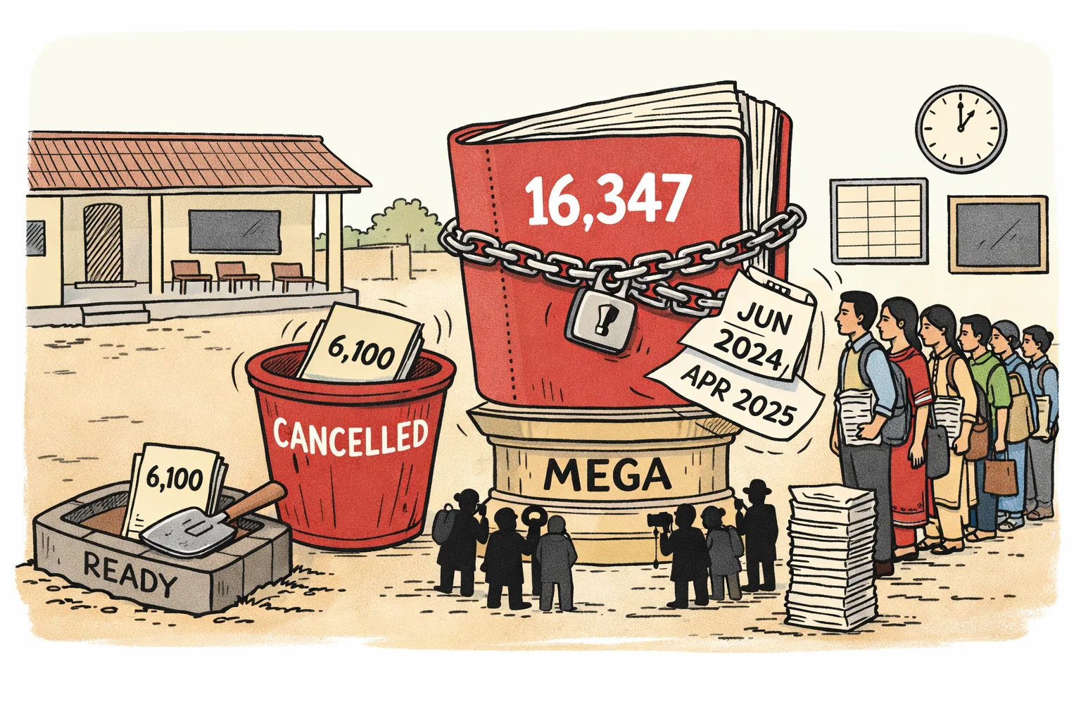 A discarded file marked 6,100 lies beside a shovel while a much larger locked file marked 16,347 sits on a ceremonial pedestal under a calendar running from June 2024 to April 2025; teacher applicants wait with forms outside a school.