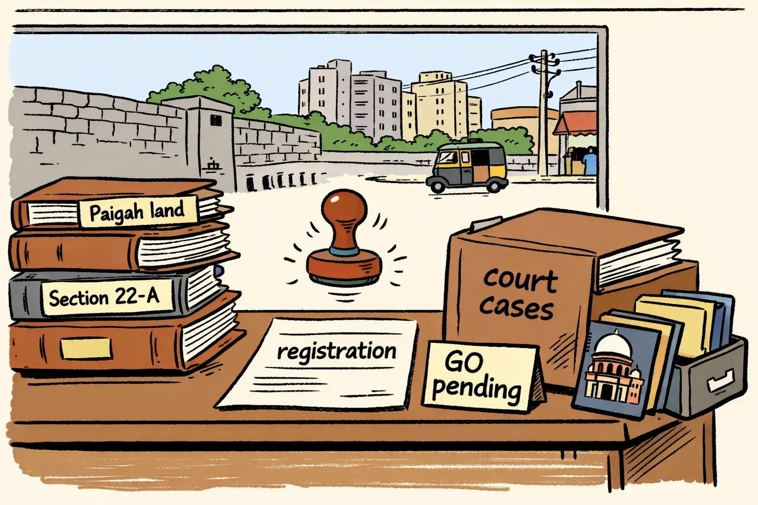 A Hyderabad registration-office desk holds Paigah land files and a registration stamp waiting above paperwork, while a missing Government Order is indicated by a sign and a court-cases file blocks a drawer.