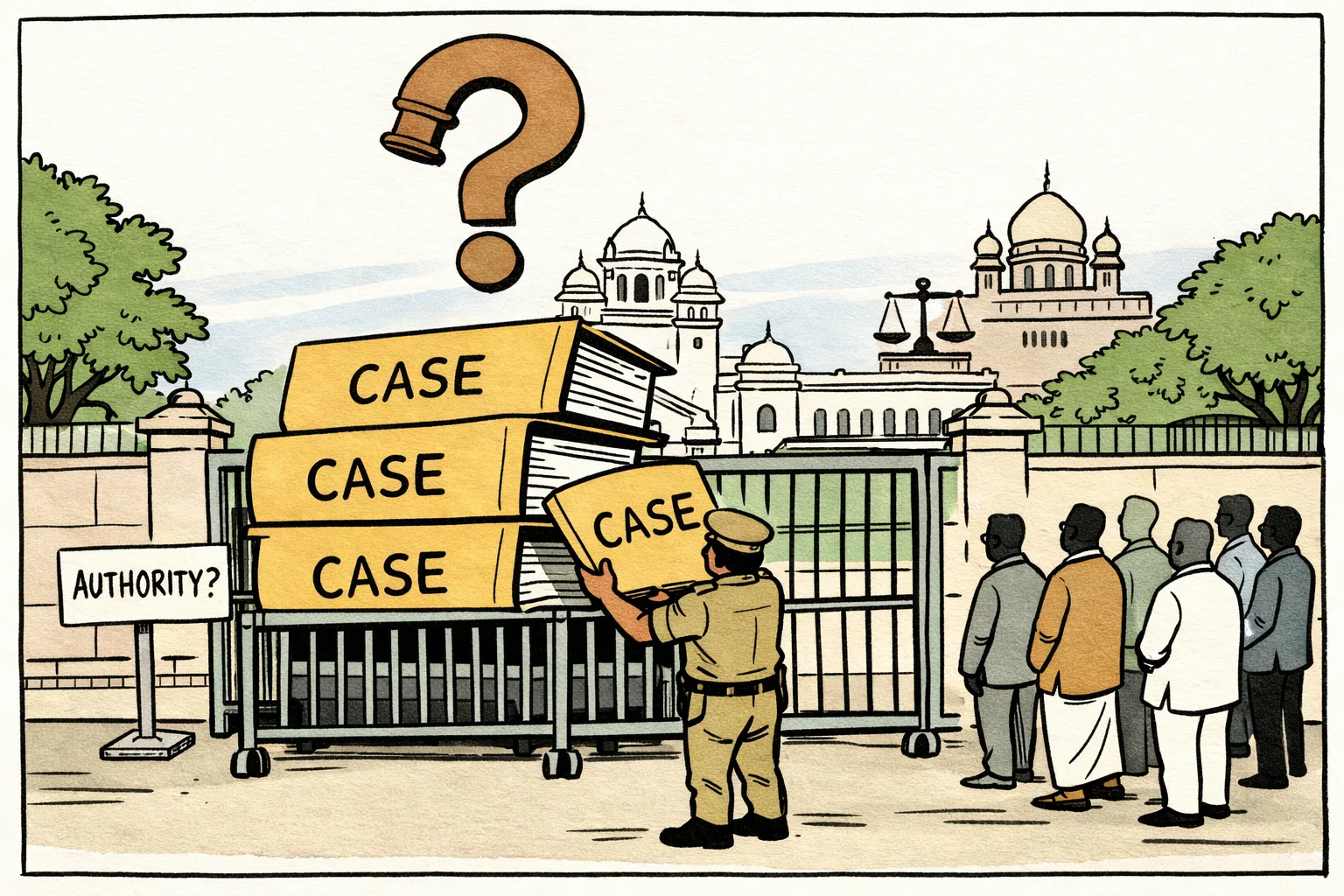 A cartoon of the Telangana Assembly gate blocked by a security barrier and a tall stack of case files, with anonymous figures waiting outside and a large question mark above.