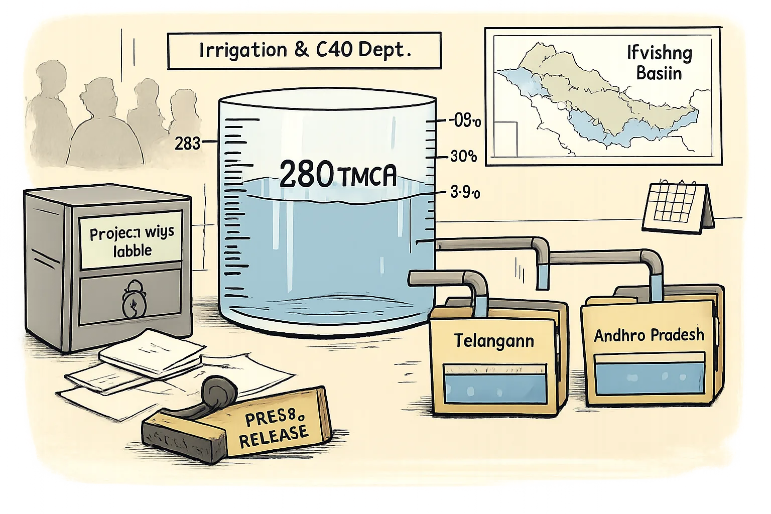 A cartoon records room contains a large water tank with conflicting measurement scales, while a locked cabinet holds a missing project-wise table and a press-release stamp sits nearby.