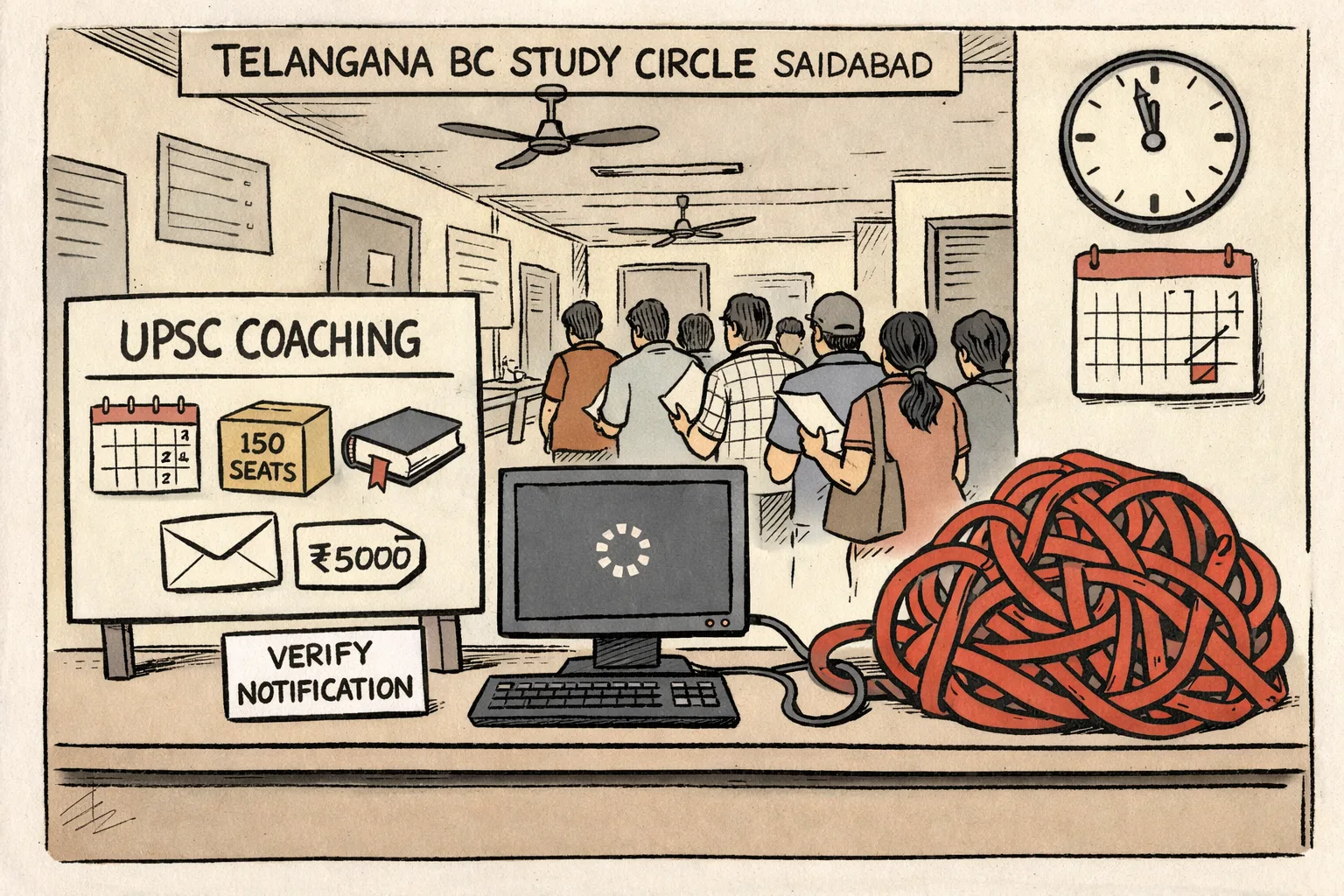 A Telangana government study-circle desk holds a large UPSC coaching notice, a calendar and a stipend envelope, while a computer monitor beside it shows a blank loading screen and a queue of applicants waits with forms.