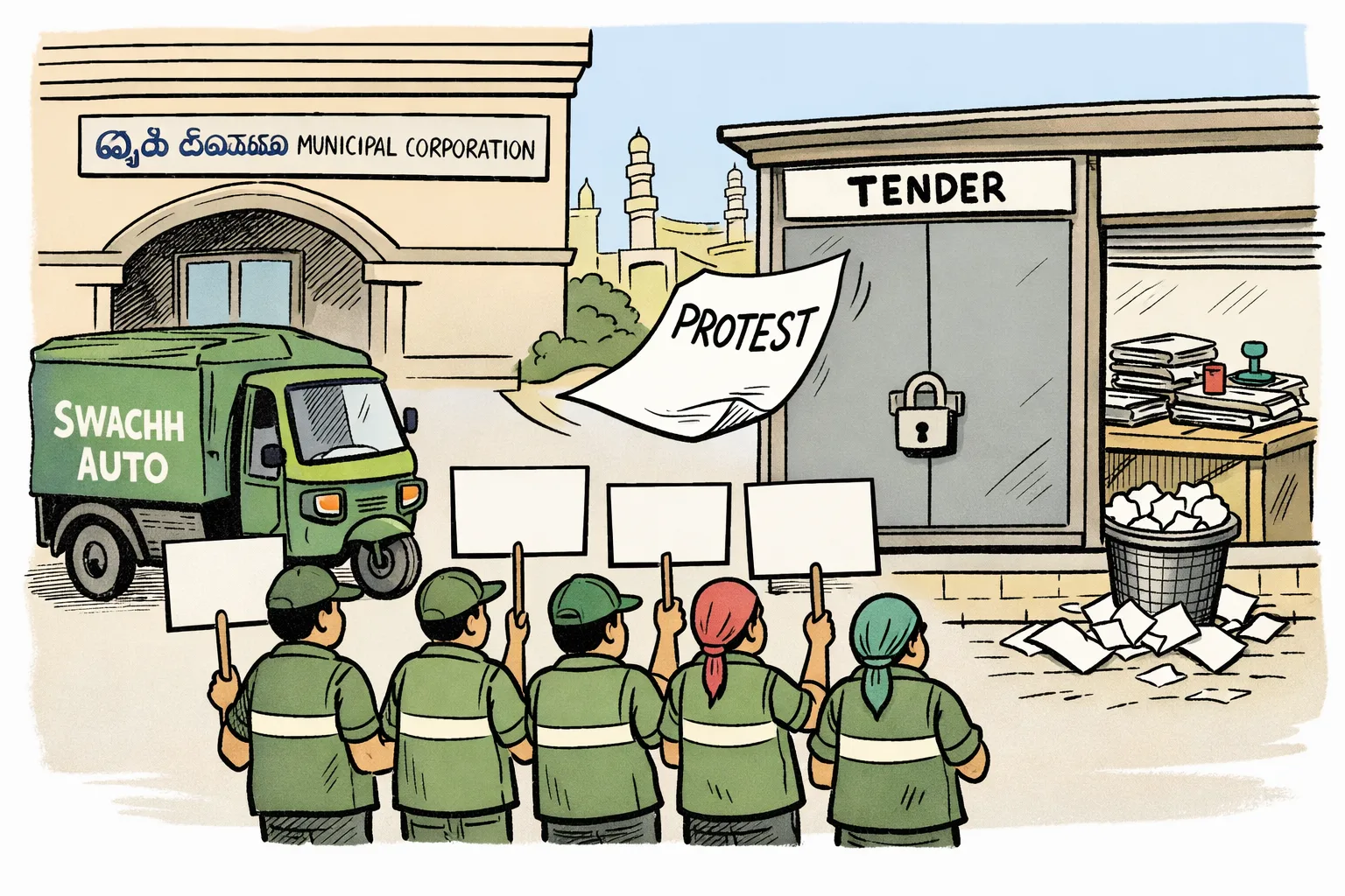 Sanitation workers stand beside a Swachh Auto outside a GHMC office, facing a large blank tender noticeboard while a protest paper blows loose and an empty desk behind the window is piled with files.