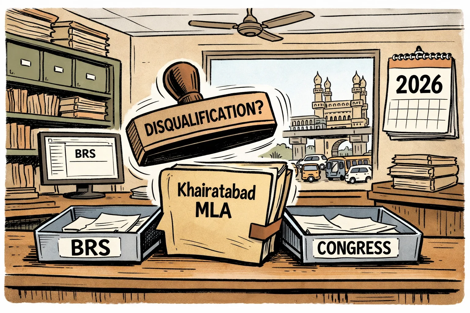 A Telangana Assembly records desk with one MLA file placed between two labelled trays, BRS and Congress, while a wall clock and a slow-moving stamp sit behind it; a Khairatabad street is visible through the window.