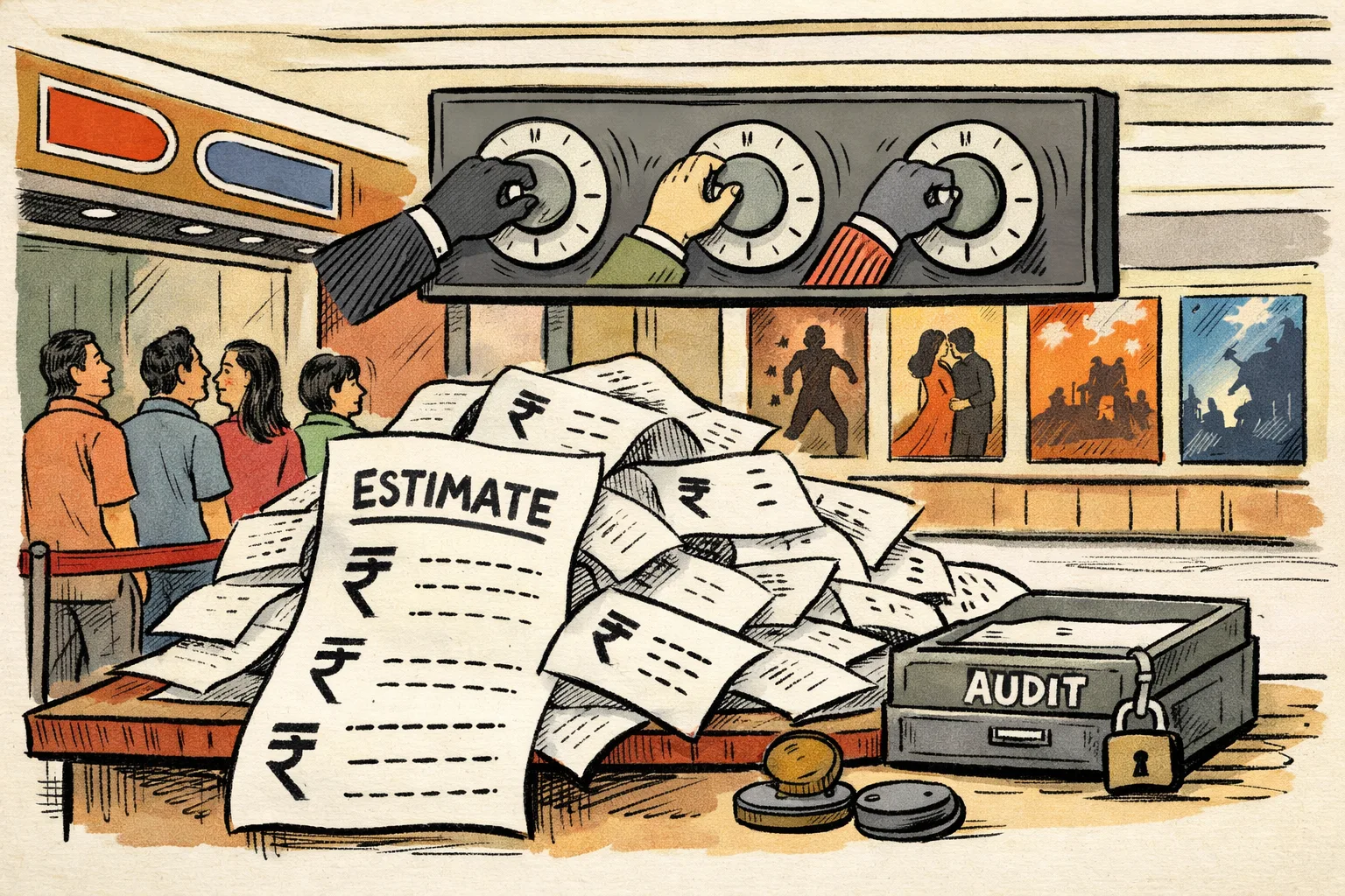 A Hyderabad multiplex counter is covered with conflicting box-office printouts while a three-dial scoreboard shows different totals and an unused audit stamp sits beside a locked filing tray.