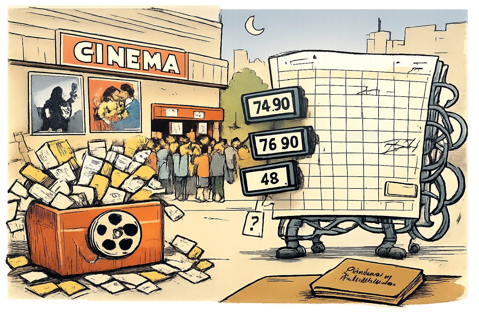 A hand-drawn Hyderabad cinema scene shows an overflowing film-ticket box beside a giant unfinished spreadsheet displaying competing box-office figures.