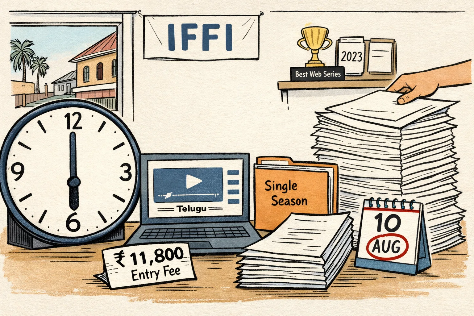 A film submission desk in Goa shows a laptop with a subtitled web-series screener, a large clock nearing 6 p.m., a ₹11,800 fee slip and a stack of hard-copy documents; a small calendar has 10 August circled and a film-festival banner hangs in the background.