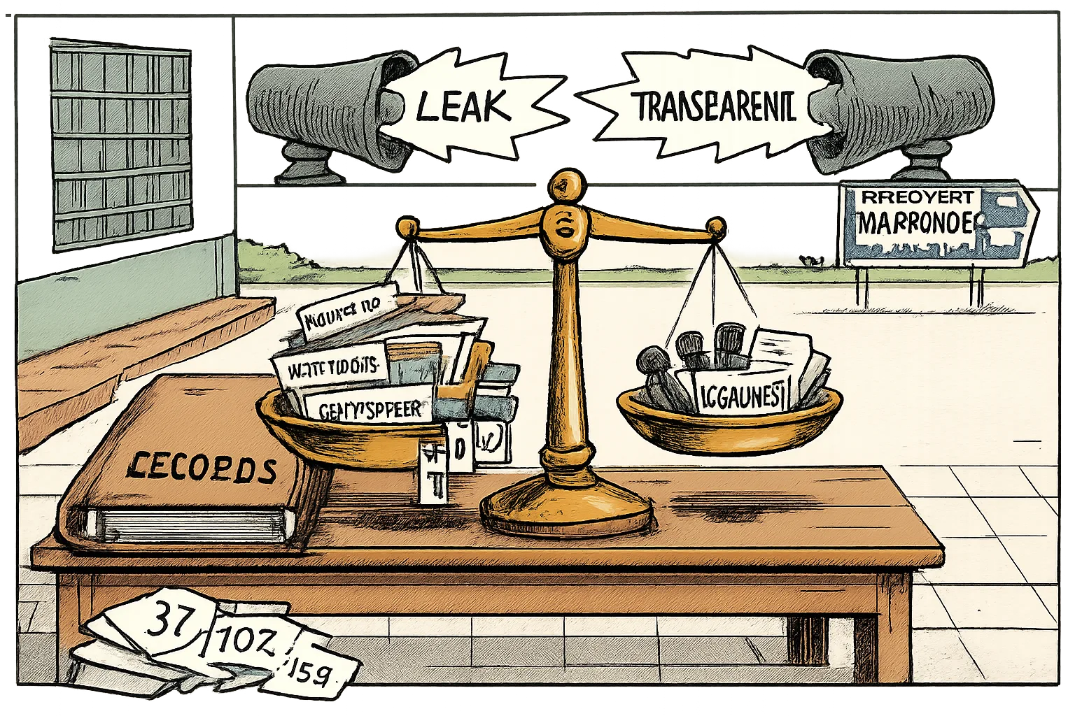 A Telangana school desk holds a thick file marked “records” beneath a balanced audit scale, while two distant loudspeakers labelled with competing claims blare across a border sign and loose papers blow away.