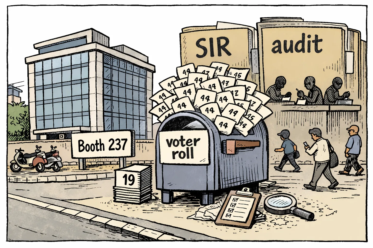 A Hyderabad commercial office building stands beside overflowing voter-roll papers marked 19 and 44, while anonymous election-office workers stamp files without checking the building.