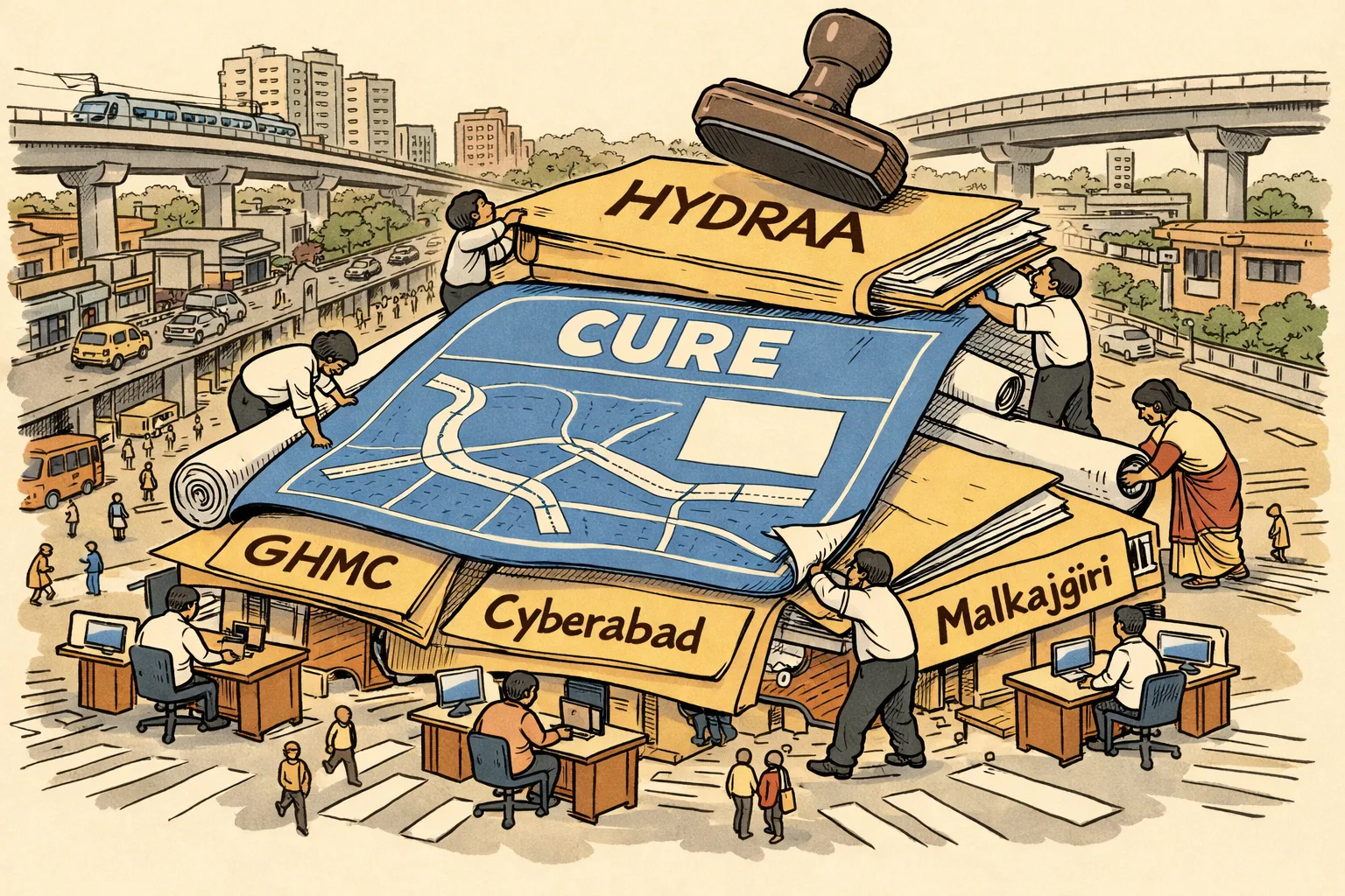 A giant CURE blueprint is spread over a Hyderabad streetscape while older files labelled GHMC, Cyberabad and Malkajgiri remain tangled beneath it, with a HYDRAA stamp poised above.