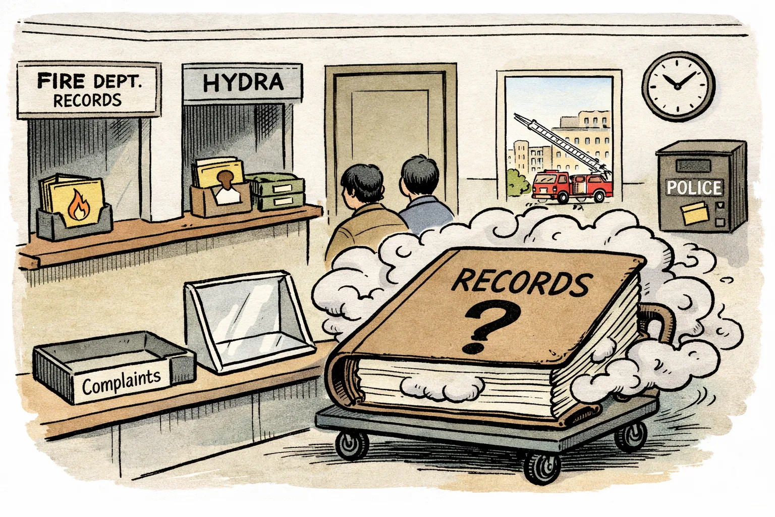 A large foggy file marked with a vague question mark sits between a Telangana Fire Department records counter and a HYDRA office door, while an empty police complaint tray waits nearby; college buildings are faintly visible in the background.