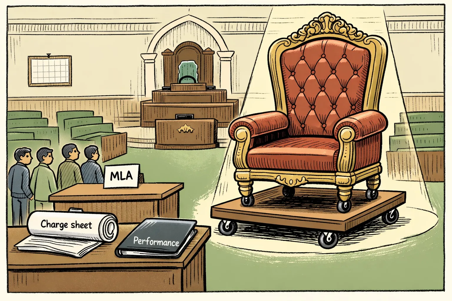 Inside a Telangana Assembly chamber, an oversized empty chief minister’s chair stands beside a records desk with a small MLA roster sheet, while a charge-sheet bundle and performance brochure sit nearby.