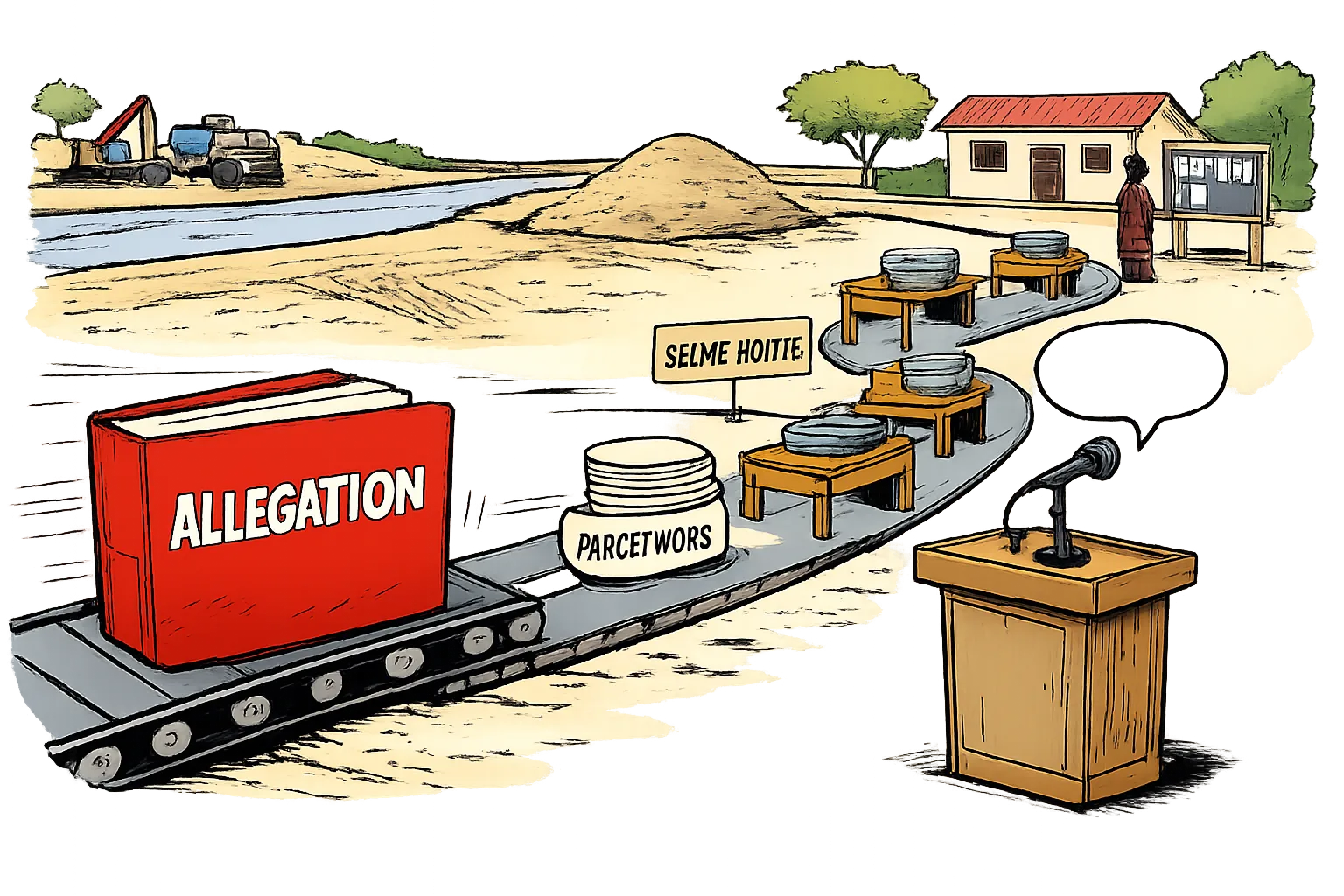 A file labelled “ALLEGATION” races past a stockpiled sand mound while a stack labelled “PAPERWORK” crawls through empty desks toward a switched-off government microphone.