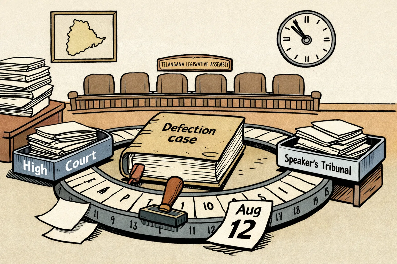 A large Telangana Legislative Assembly file labelled with a short defection case tag sits on a court bench, surrounded by repeated calendar pages and a stopped wall clock, while empty chairs marked for the High Court and Speaker’s Tribunal remain in the background.