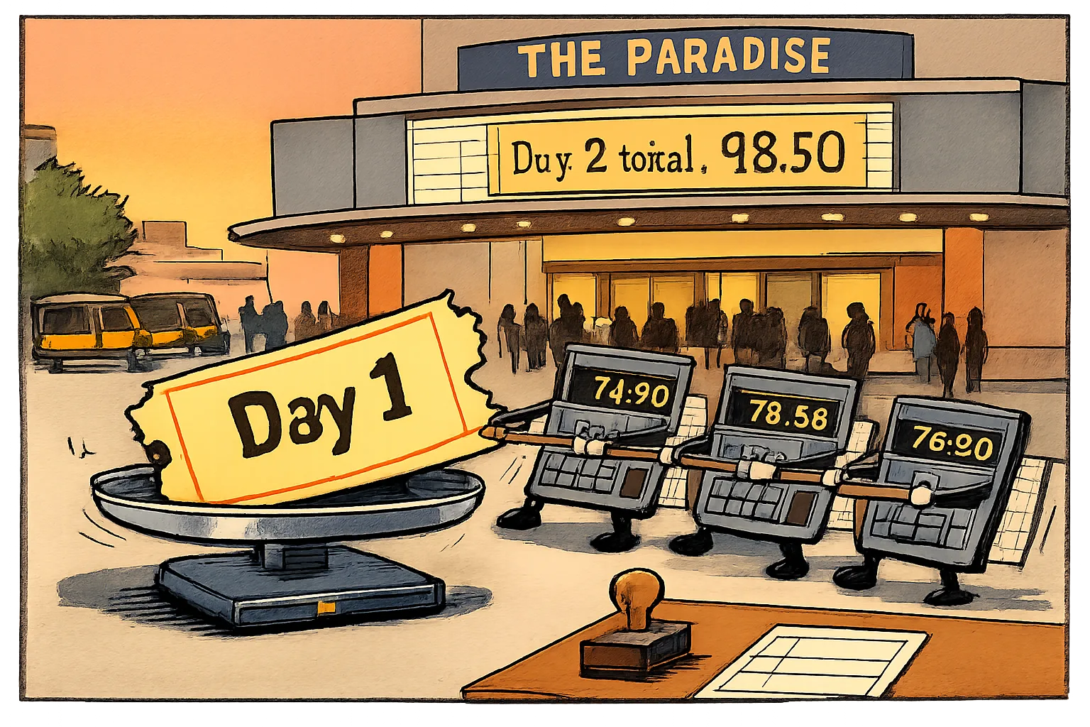 Outside a Hyderabad multiplex, three calculators pull an oversized Day 1 cinema ticket toward different figures while a separate Day 2 total ticket stands behind them and an empty verification stamp sits on a desk.