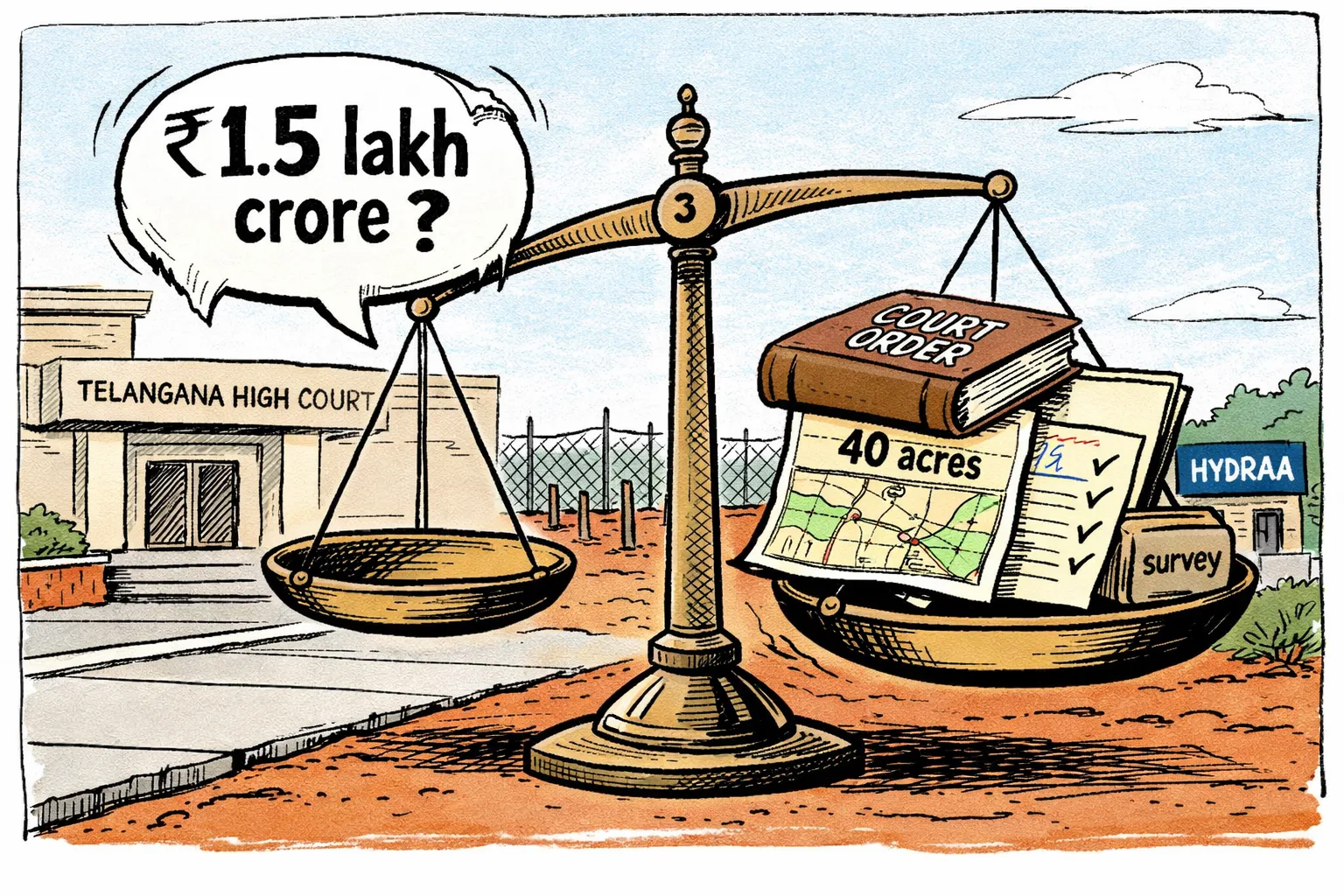 A giant unverified rupee number balances on one side of a scale while a Telangana High Court order and a smaller land survey file weigh down the other; a HYDRAA office sign and fenced plot appear behind them.