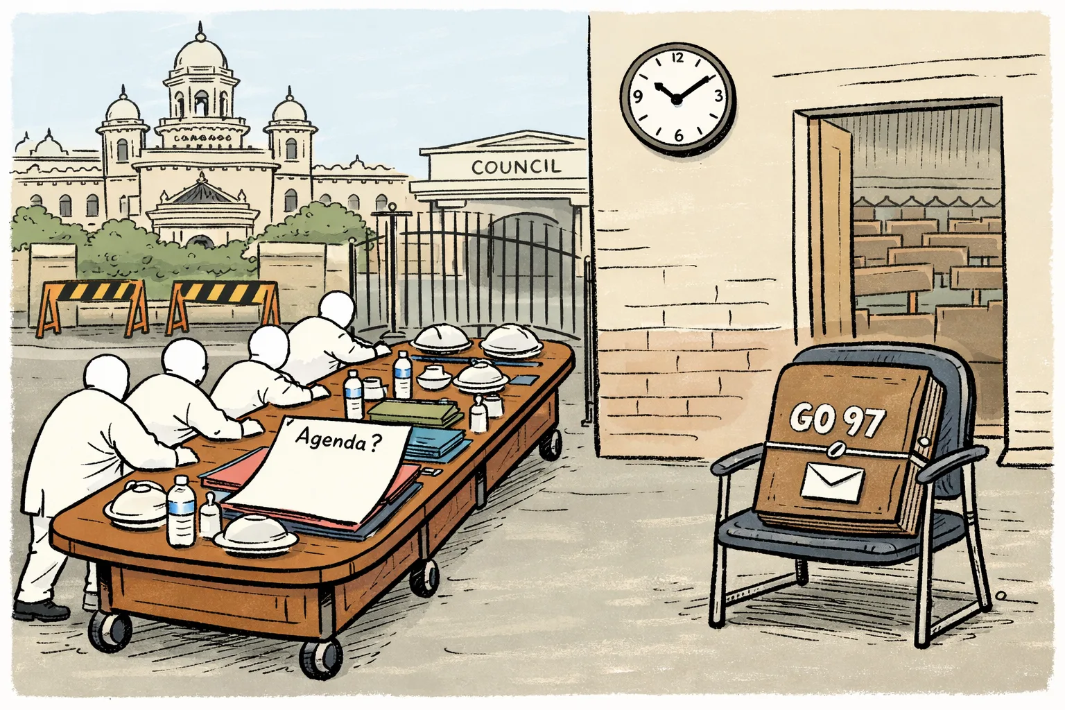 Outside the Telangana Legislature, a catered meeting table with an empty agenda sheet is wheeled toward one entrance while a file labelled GO 97 sits unanswered on a chair beside a closed gate.
