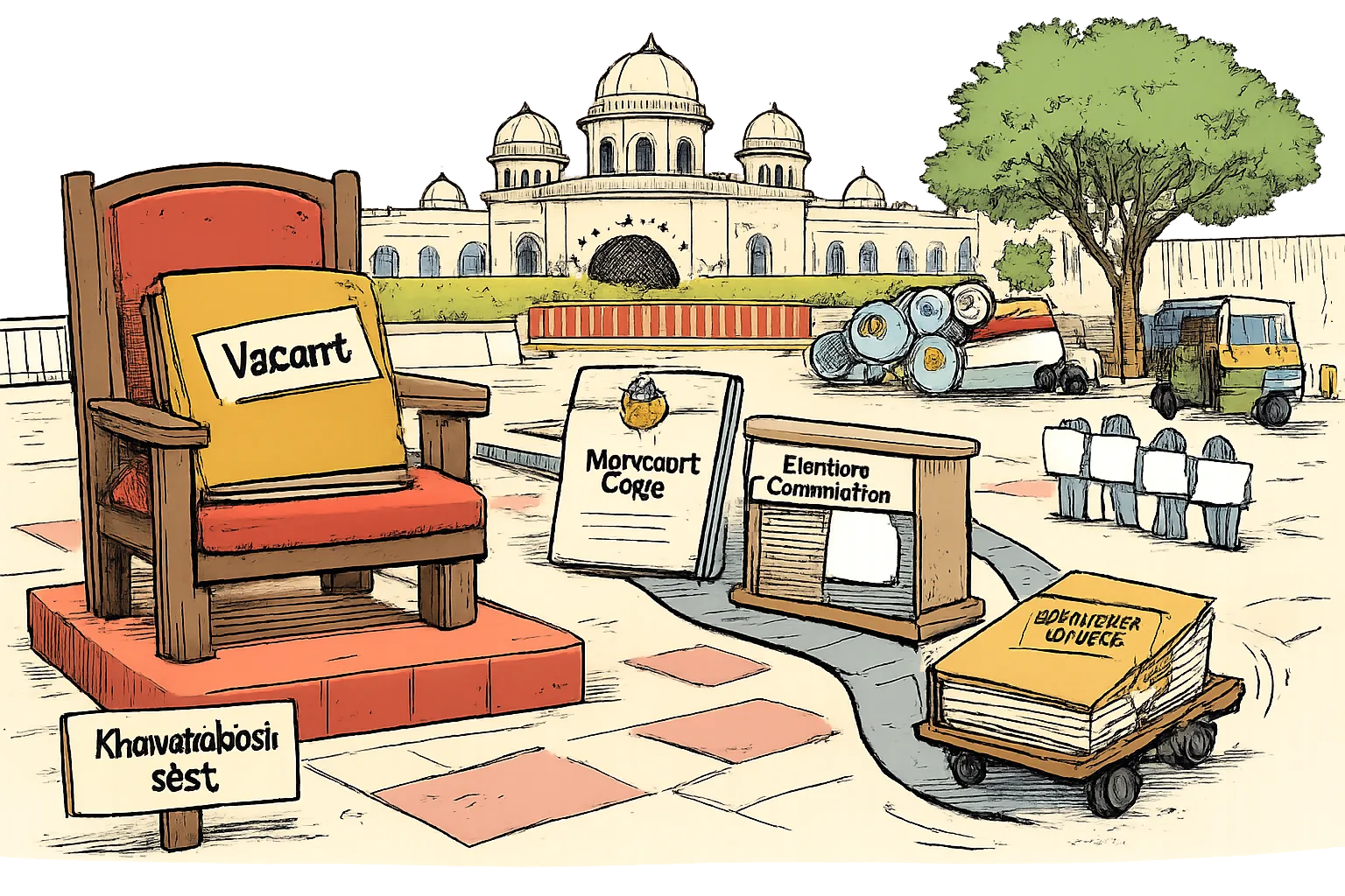 An empty Assembly chair labelled Khairatabad seat holds a vacant-seat file while a court order moves toward a closed Election Commission desk with a blank notification sheet.