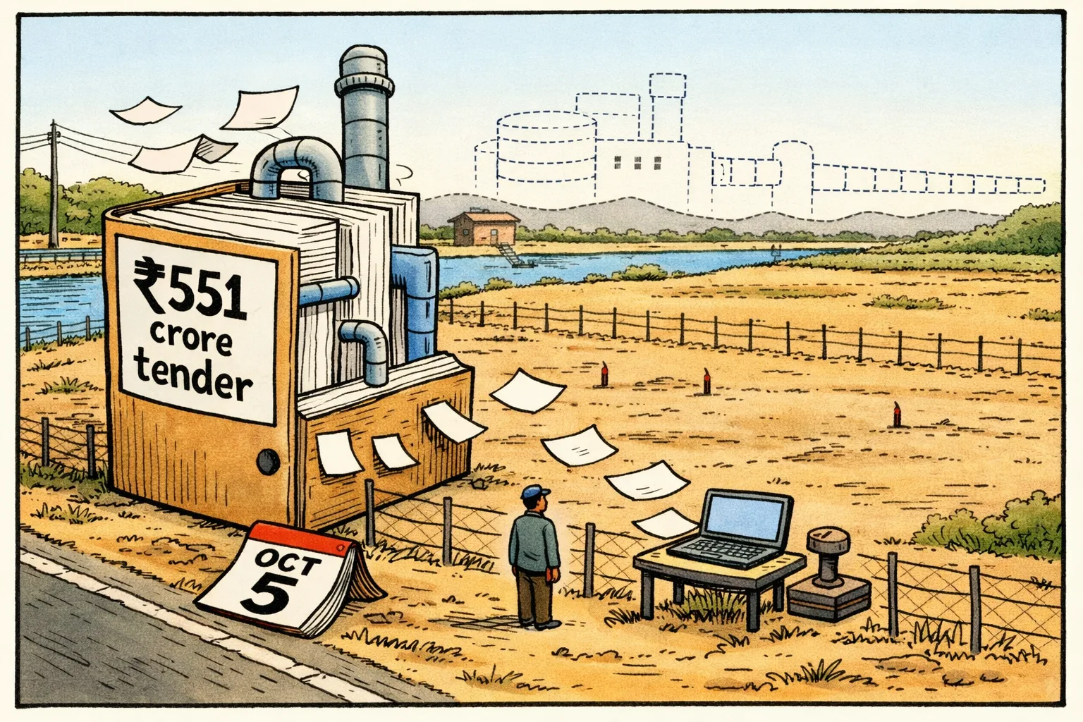 An enormous ₹551-crore tender file is staged like a water-treatment plant beside an empty fenced construction plot, with blueprint lines for a pipeline fading into the air.