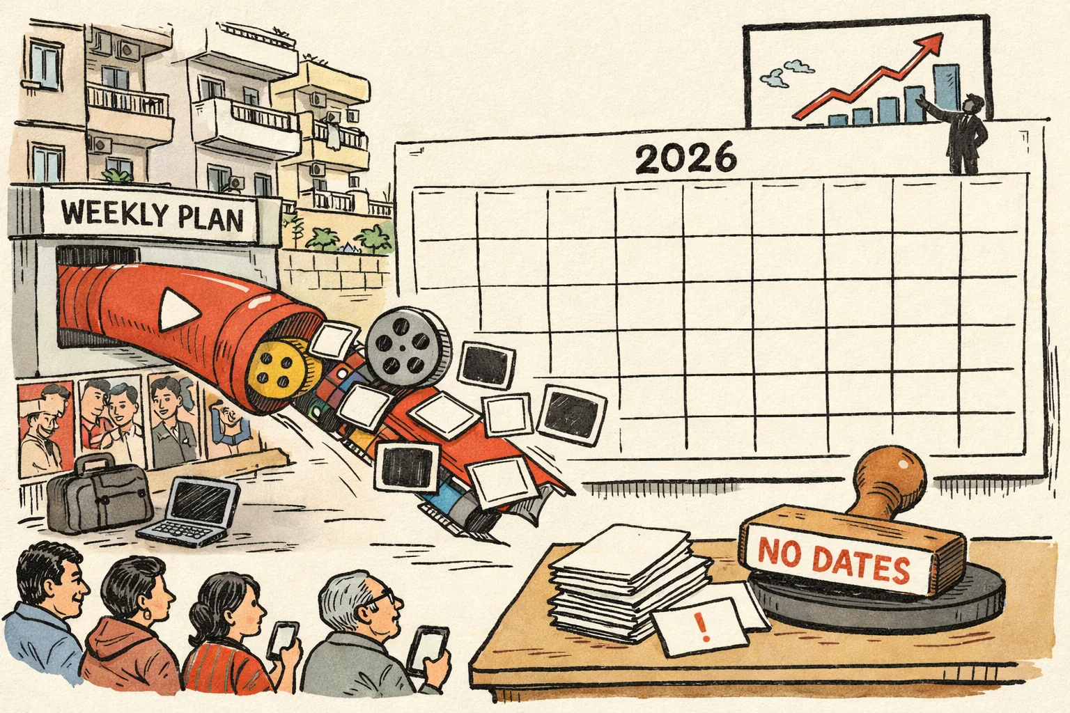 A giant streaming pipeline carries film reels toward a blank 2026 calendar while a desk stamp reads “NO DATES”; viewers wait beside laptops in a Hyderabad-like setting.