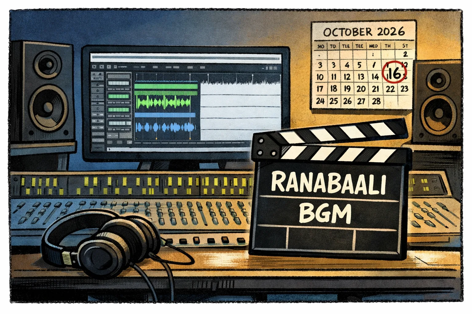 A film post-production studio shows a mixing console, speakers, headphones and a computer timeline that is half filled, with a Ranabaali clapperboard and an October 16, 2026 calendar in the background.