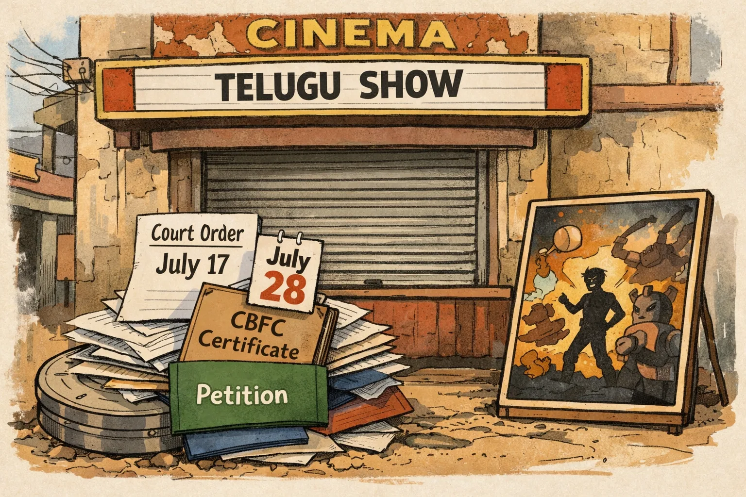 A cinema ticket window in Telangana is covered by overlapping court papers, a CBFC certificate and temple-administration files, while a film reel labelled in three languages waits beside a calendar turned to July 28.