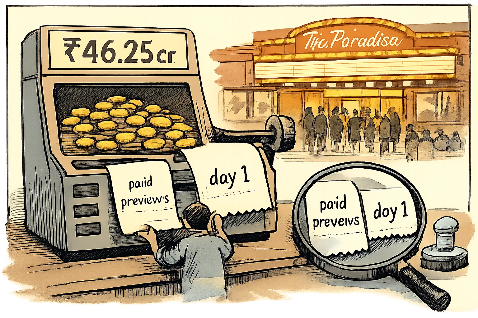 A Hyderabad cinema ticket booth shaped like a calculator combines paid-preview and opening-day receipts beneath a ₹46.25 crore sign, while an unused audit stamp sits nearby.