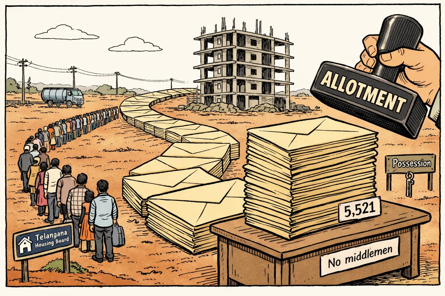 A queue of housing applicants stands beside oversized allotment envelopes and a government stamp, facing an unfinished multi-storey housing tower with no doors or residents.