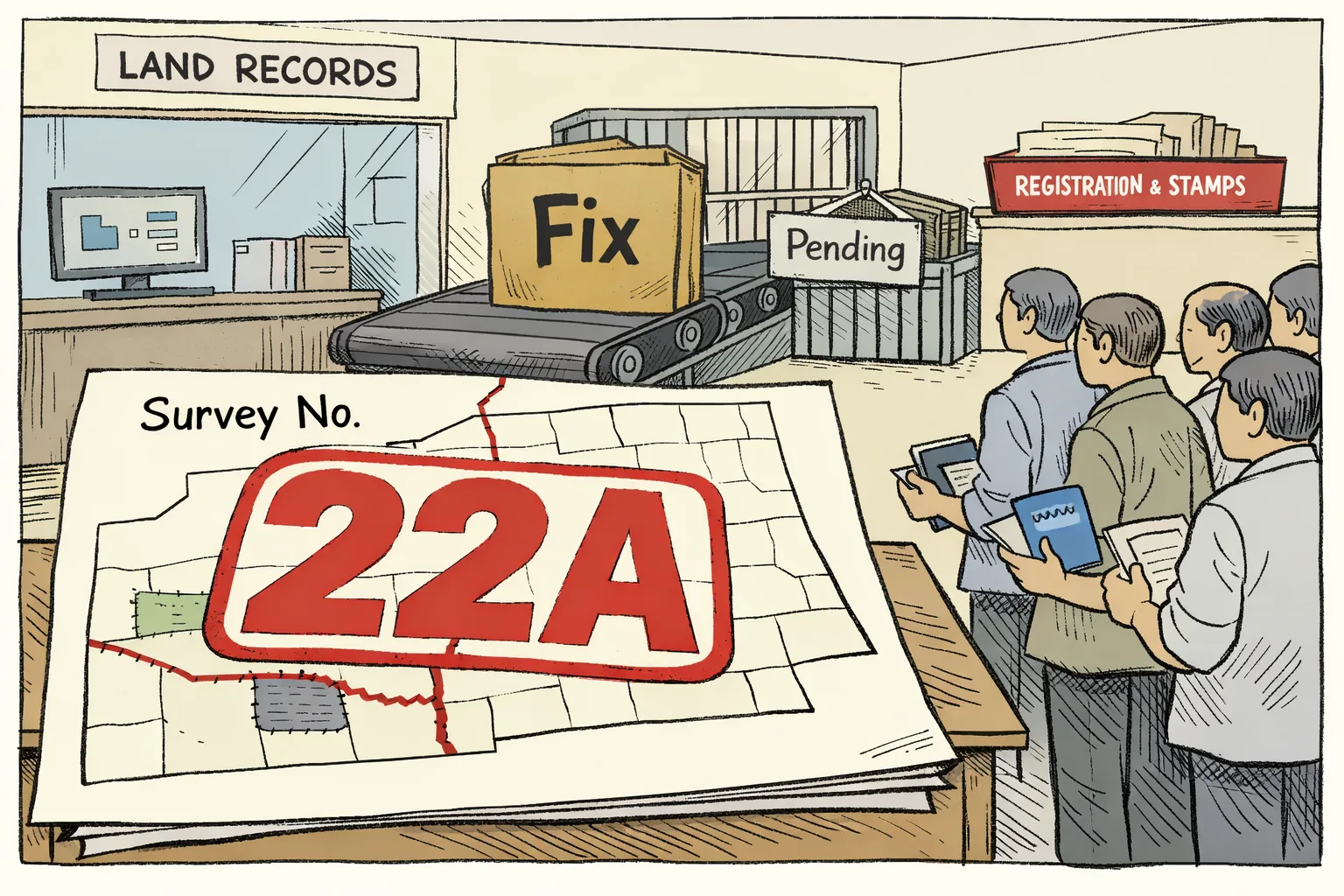 A giant red 22A stamp covers an entire Telangana survey map even though only a small section is marked acquired, while a correction file waits behind a locked gate at a government office.