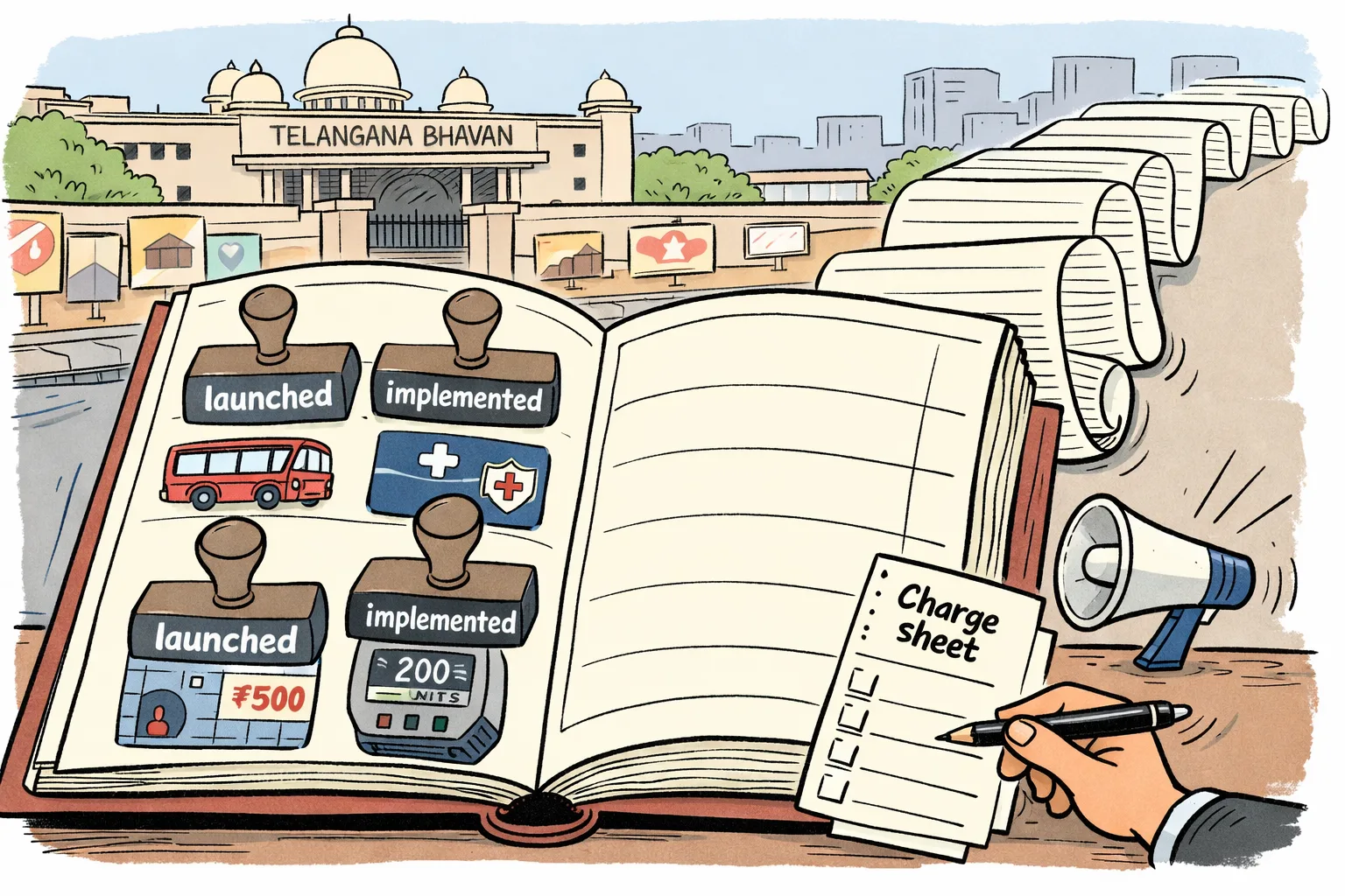 A giant 1,000-day receipt book outside a Telangana political office shows stamps marking bus travel, healthcare, cooking gas and electricity as implemented, while a long trail of ledger pages remains blank.