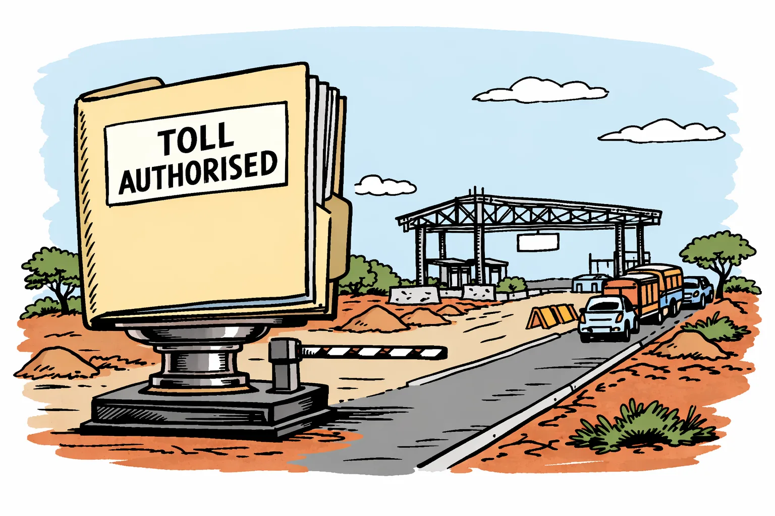 A giant authorised toll file stands beside a raised barrier, while an unfinished toll plaza and incomplete highway wait in the Telangana landscape.