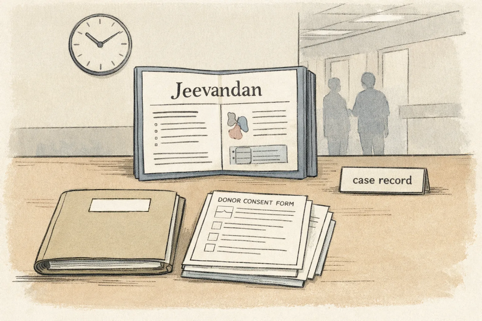 A quiet Hyderabad hospital records desk with anonymised donation papers, a Jeevandan programme folder and an empty space labelled case record.