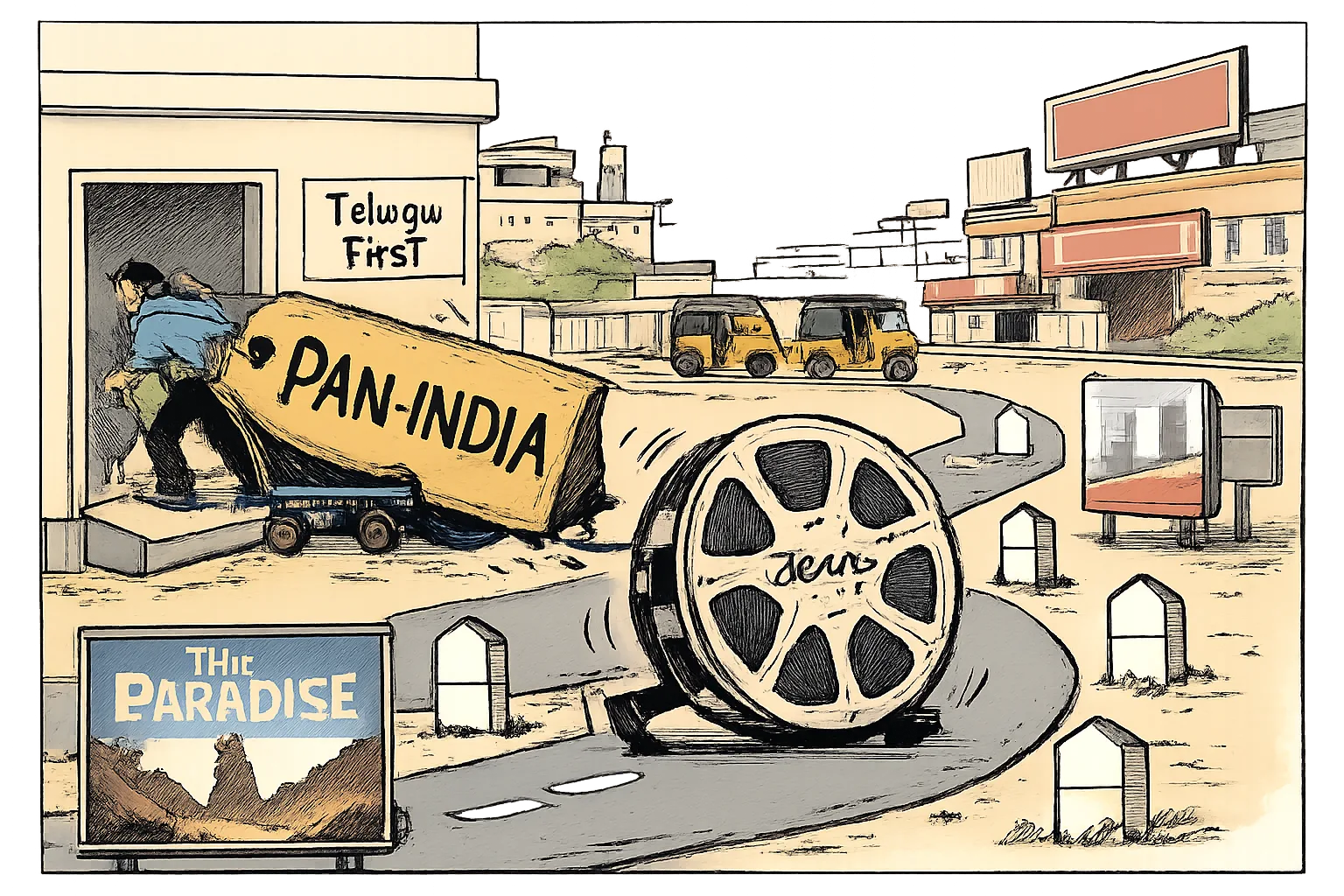 A Telugu film reel rolls from a Hyderabad cinema office toward several screens while an oversized “PAN-INDIA” label catches on the office doorway.