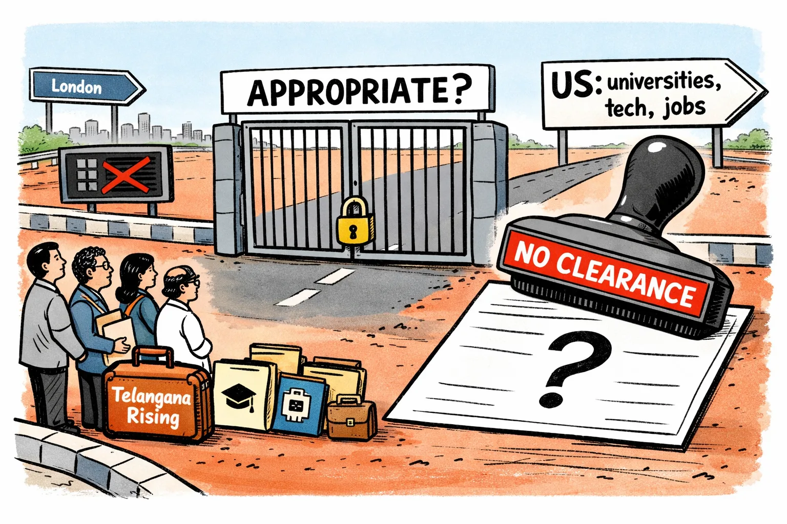 A locked gate marked “APPROPRIATE?” blocks a route to the US labelled for universities, technology and jobs, while a large “NO CLEARANCE” stamp hovers over an unexplained form; a London route remains open behind it.