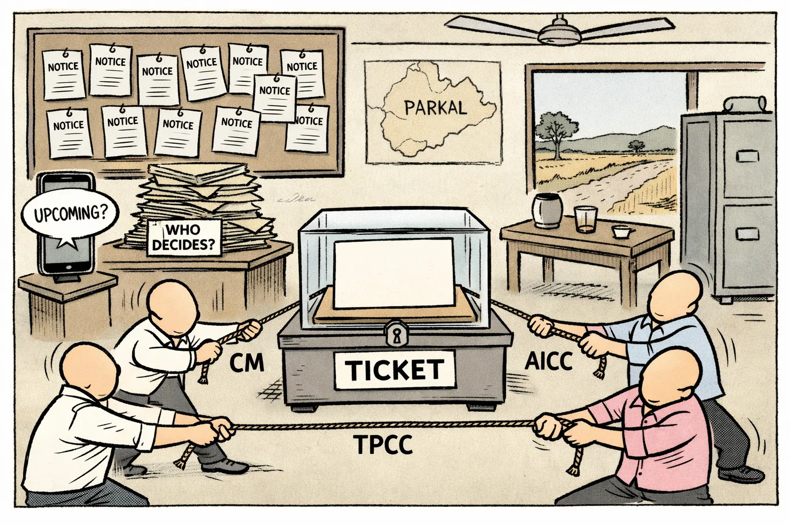 An editorial cartoon shows three anonymous figures pulling an oversized blank Parkal election ticket in different directions while a notice-covered office board and a smartphone sit behind them.