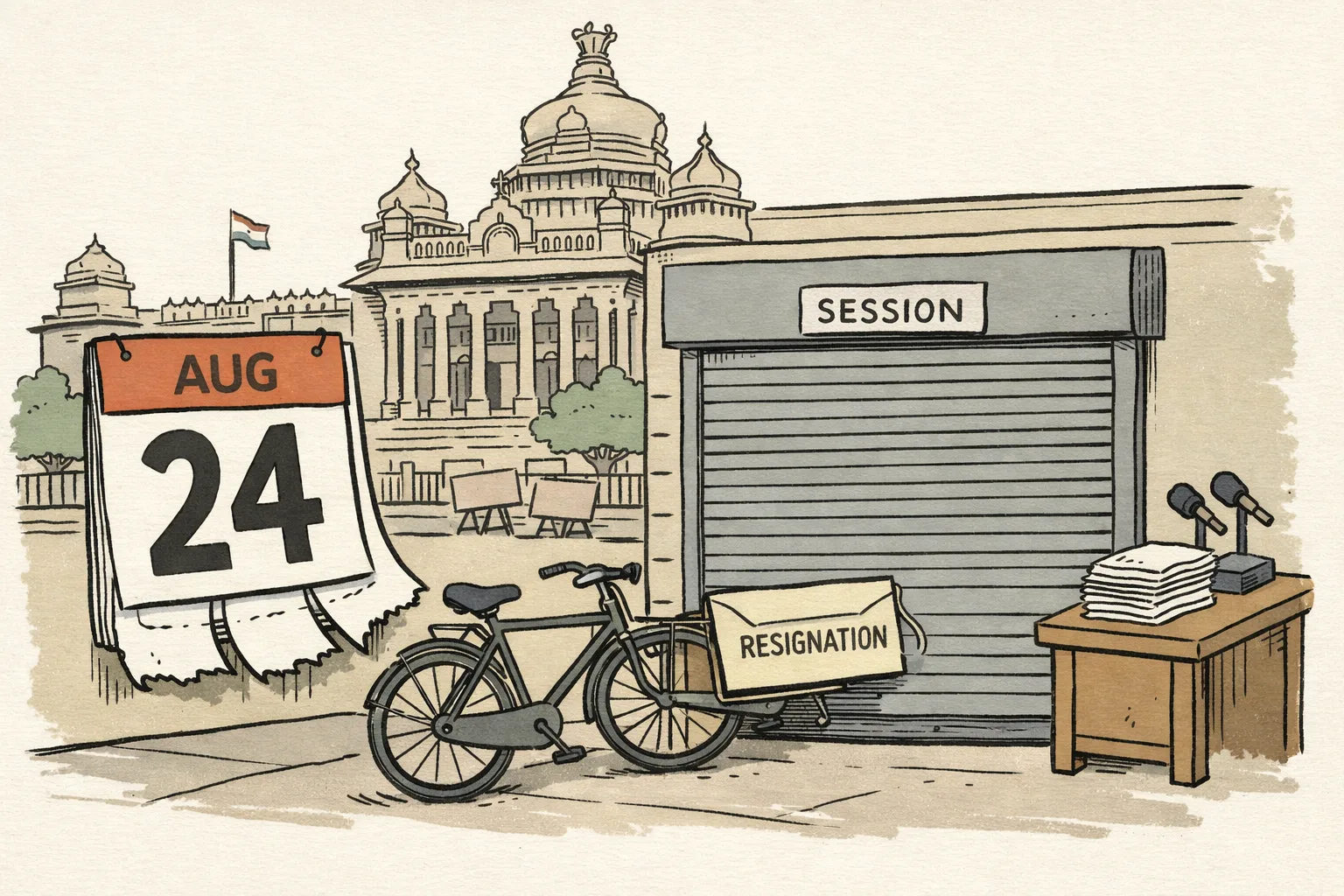 A Karnataka-style legislature building stands behind a shutter marked ‘SESSION’, closed beside a calendar showing August 24; an envelope marked ‘RESIGNATION’ rests against the locked entrance.