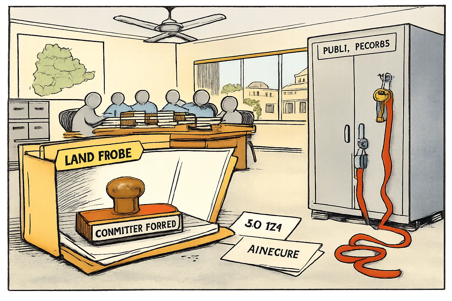 An empty file marked “LAND PROBE” sits beneath a “COMMITTEE FORMED” stamp while anonymous officials work beside a locked public-records cupboard.