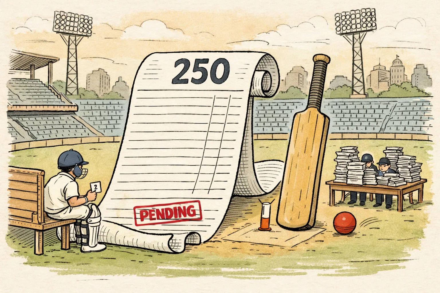 A giant cricket scorecard marked pending sprawls across the MA Chidambaram Stadium pitch while an anonymous padded player waits on a pavilion bench and officials sit behind stacks of papers.