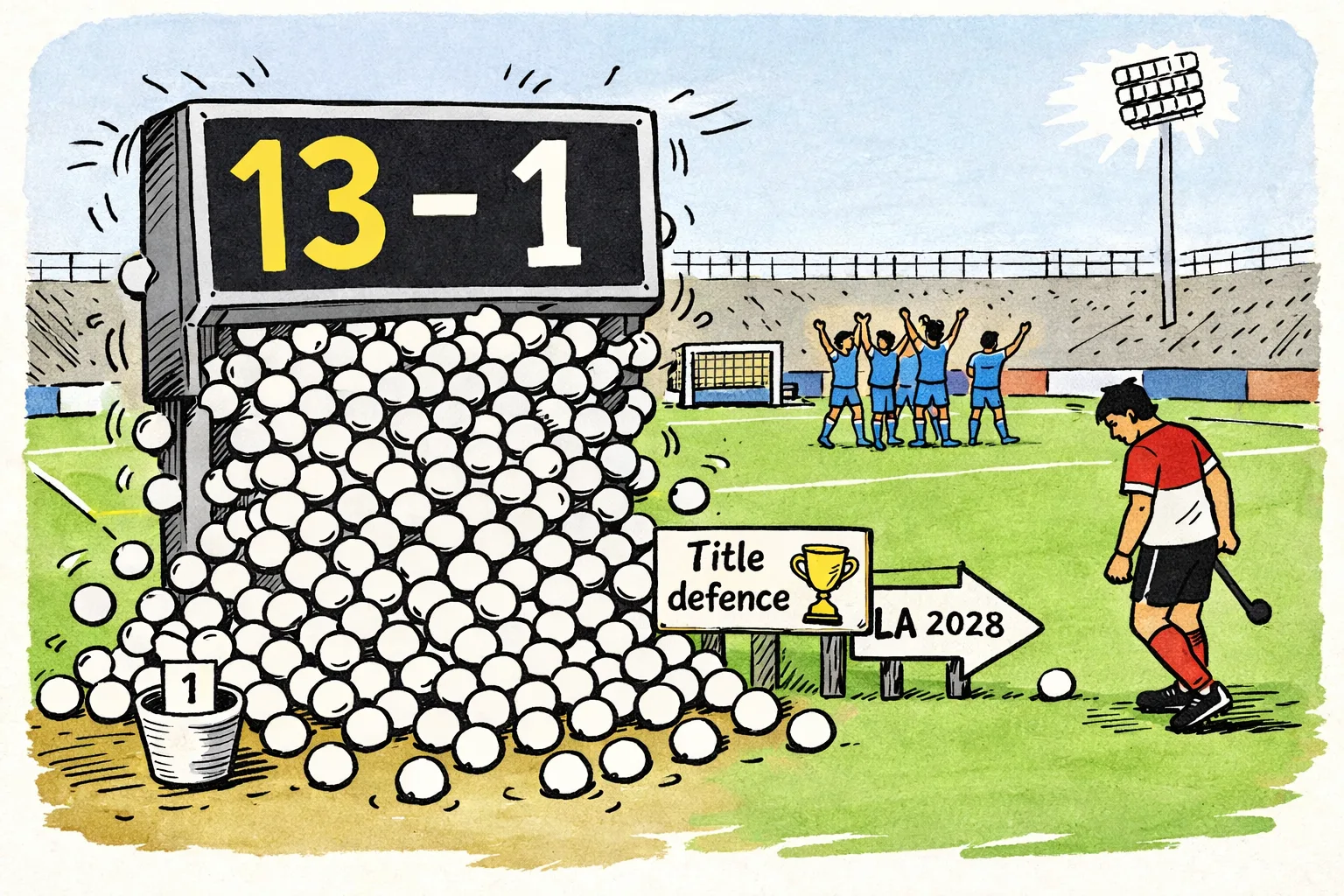 A hand-drawn hockey stadium cartoon shows an overloaded scoreboard marked 13–1 spilling hockey balls onto the turf, with Indian players celebrating and a lone ball beside an Indonesian player.