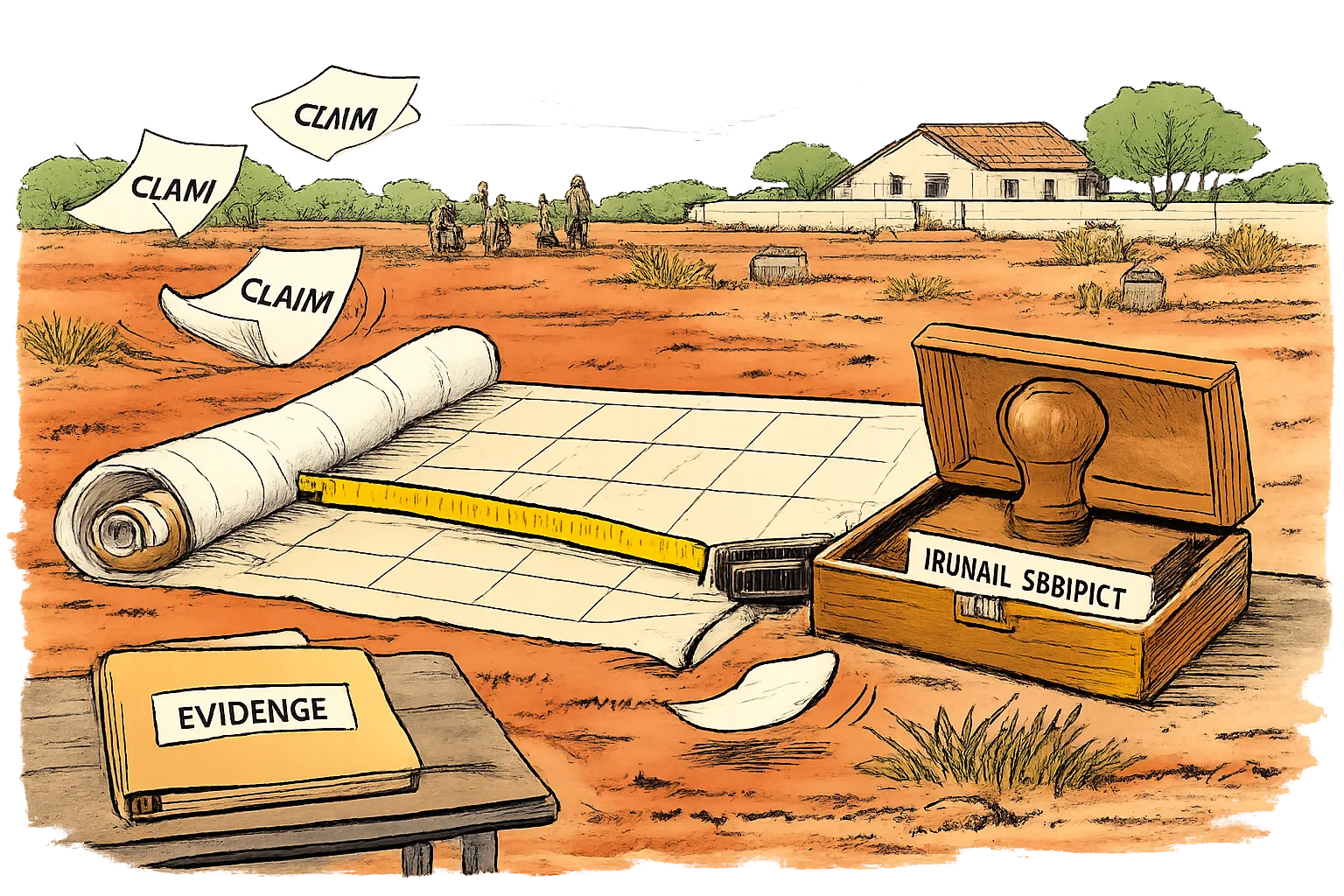 A survey team measures rural land near a farmhouse while an unused stamp marked 'FINAL VERDICT' sits beside claim papers and an empty evidence folder.