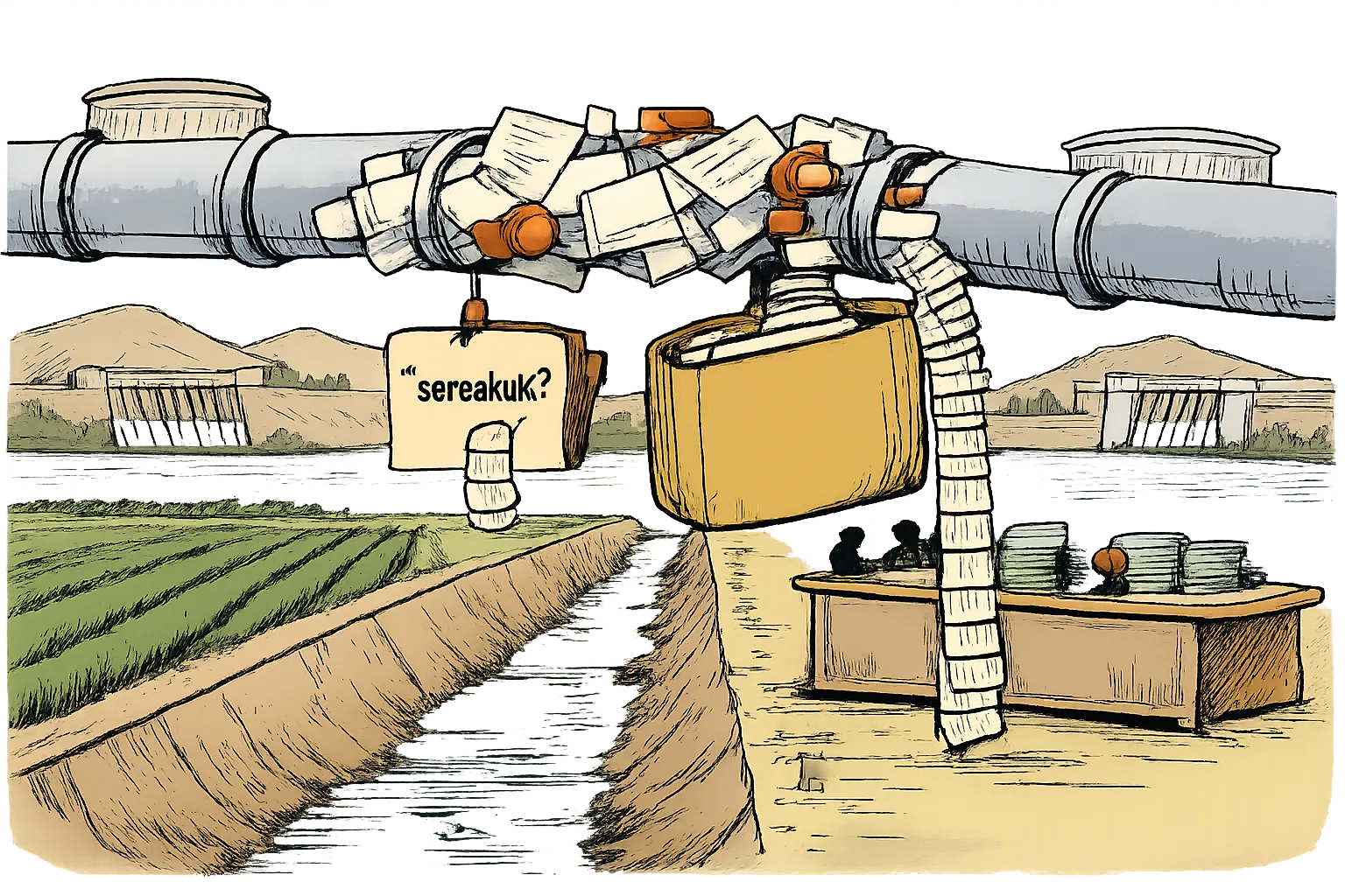 A dry Telangana irrigation canal and crop fields wait beneath a blocked pipe connecting reservoir tanks to Jurala, while forms, stamps and calendar pages clog the pipe.
