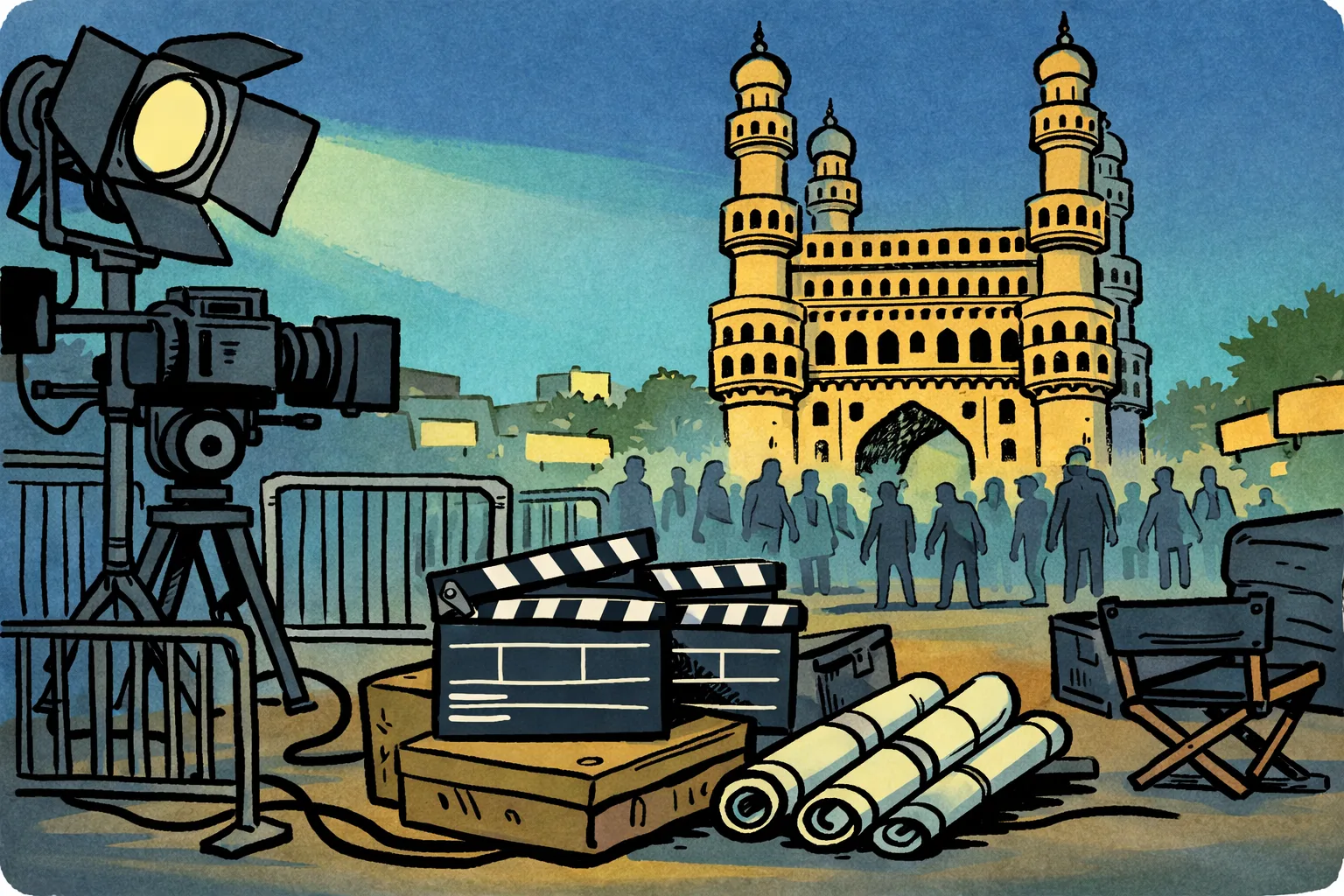 A night-time film set shows the illuminated Charminar behind production equipment, barriers and distant indistinct zombie-costume silhouettes.