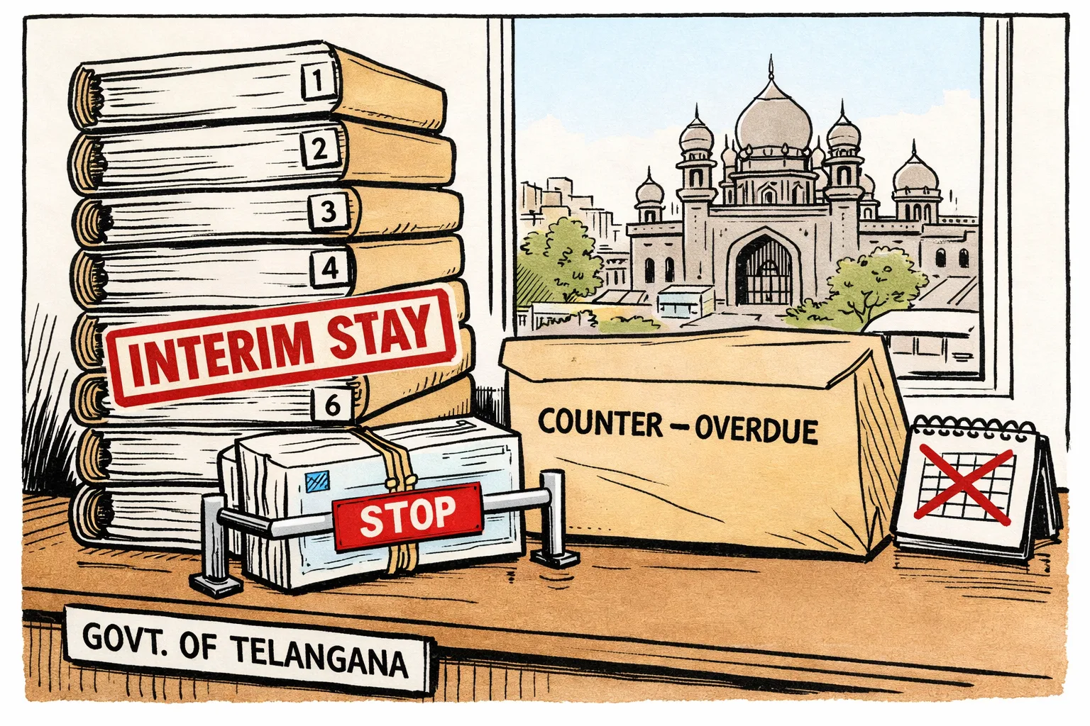 A Telangana government office desk holds eight government-order files beneath a court stamp marked “INTERIM STAY”; an unopened reply envelope sits beside halted payment cheques, while a High Court building is visible through the window.